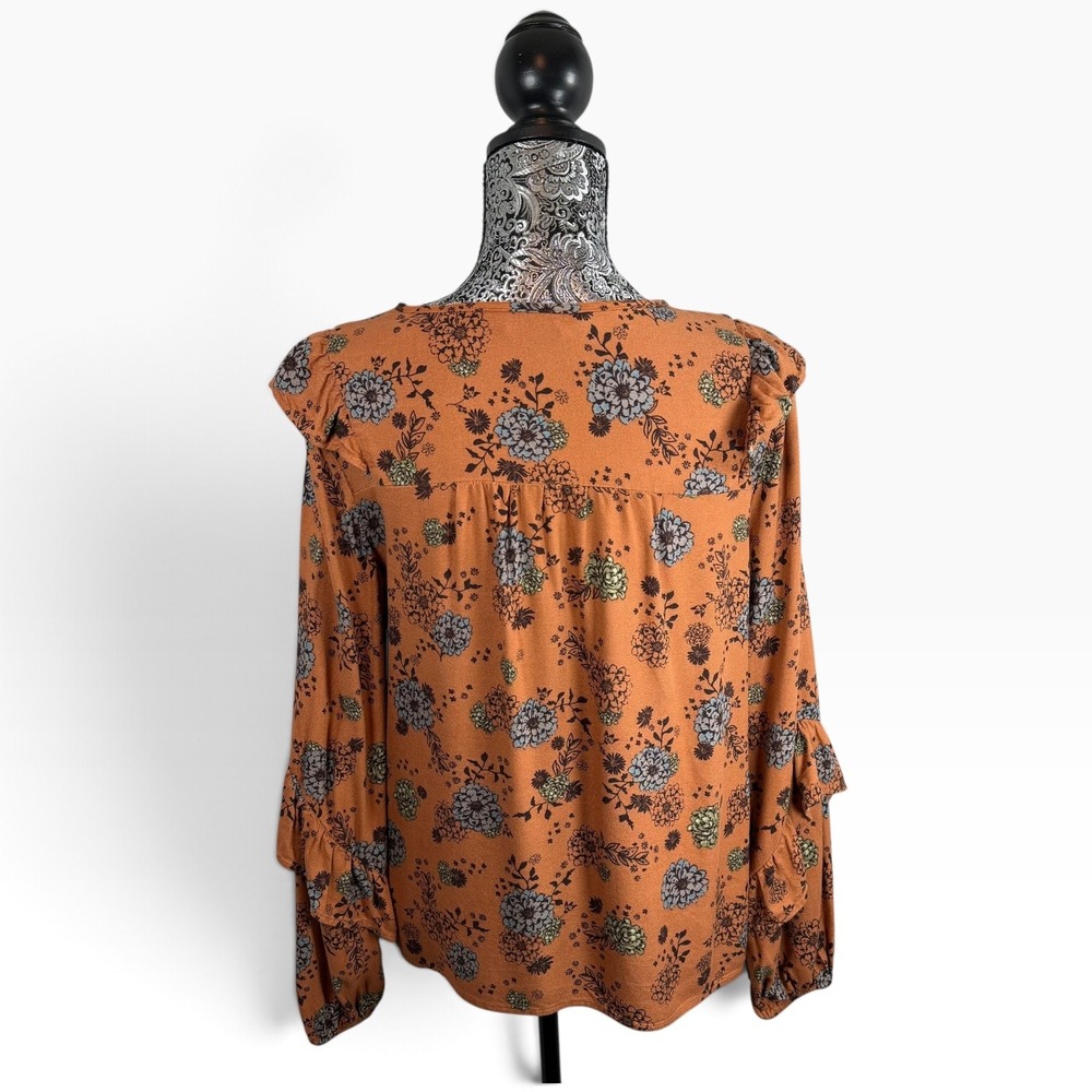 Sonoma Floral Boho Blouse Rust Orange Blue Green Ruffle Front Long Sleeve Size M - Picture 2 of 14